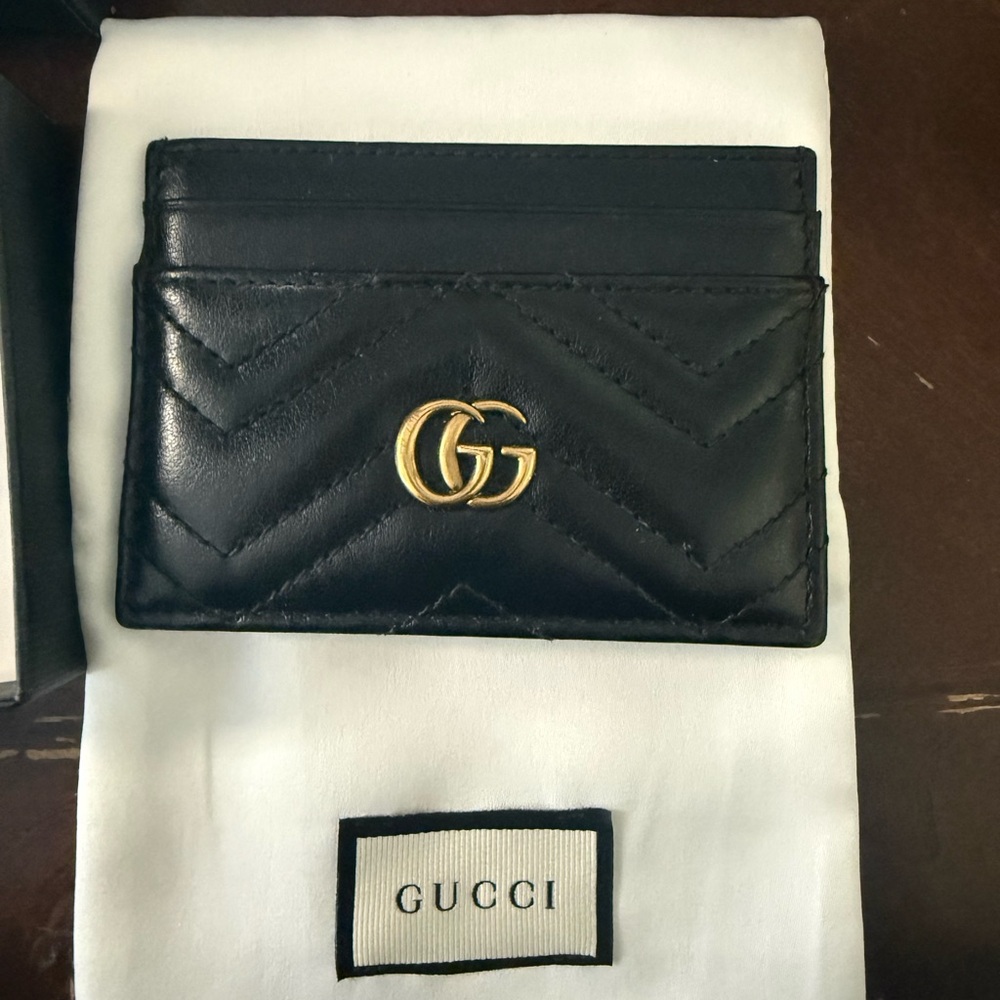 Gucci Black Leather Card Holder with Gold GG Logo
